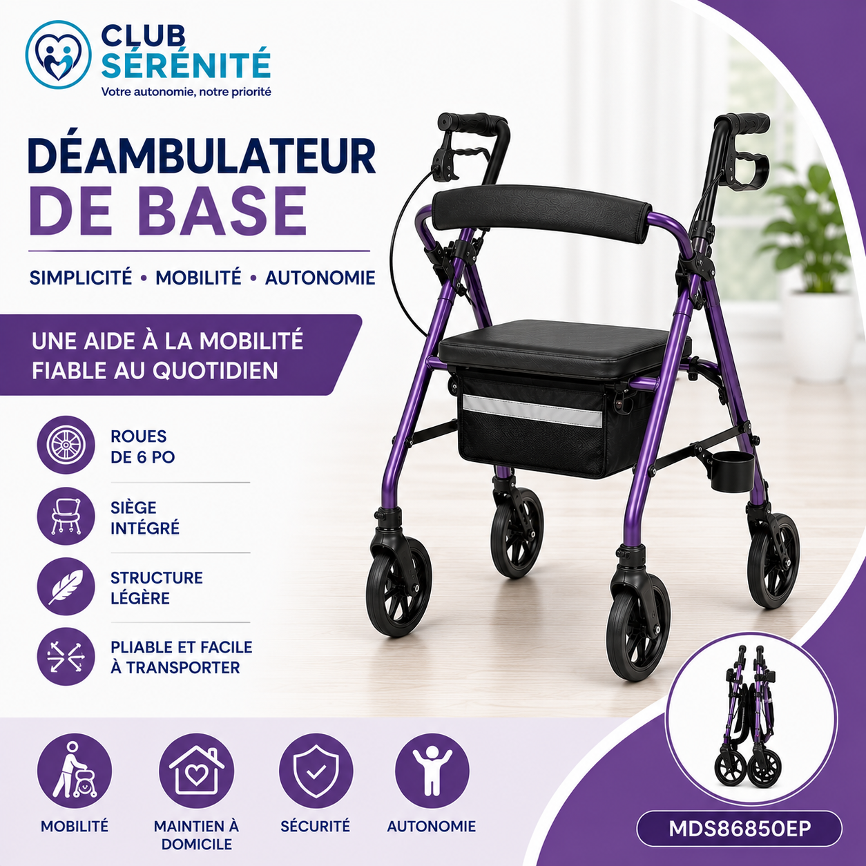 Déambulateur avec siège Medline violet | Club Sérénité