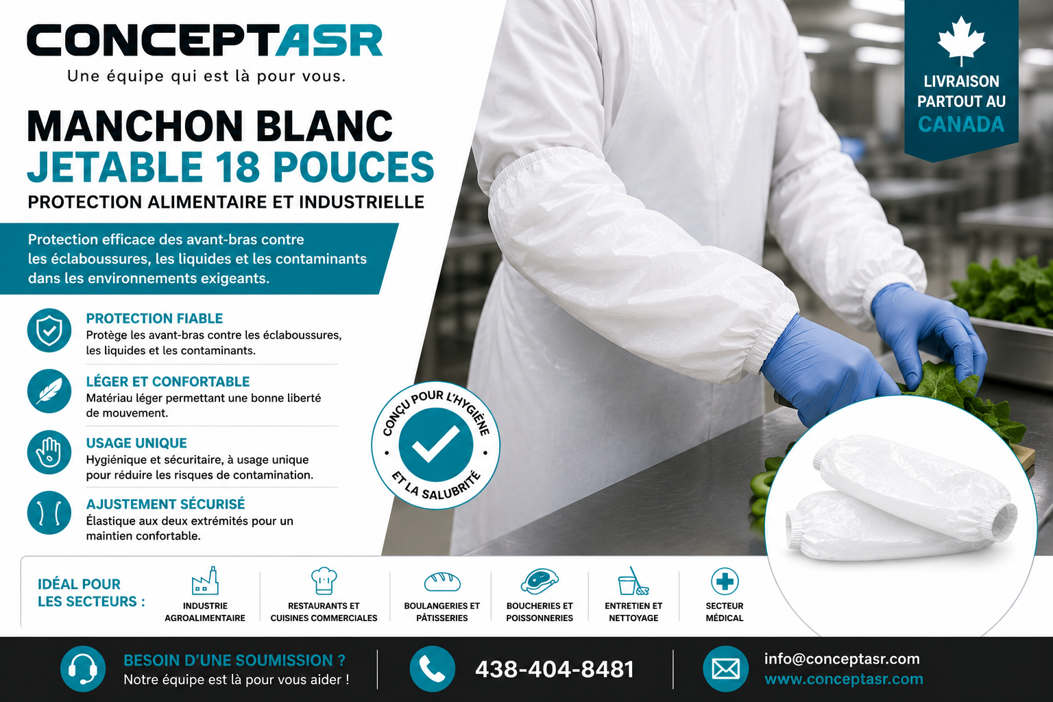 Manchon blanc 18 pouces | Protection alimentaire et industrielle | Concept ASR - Paquet de 100