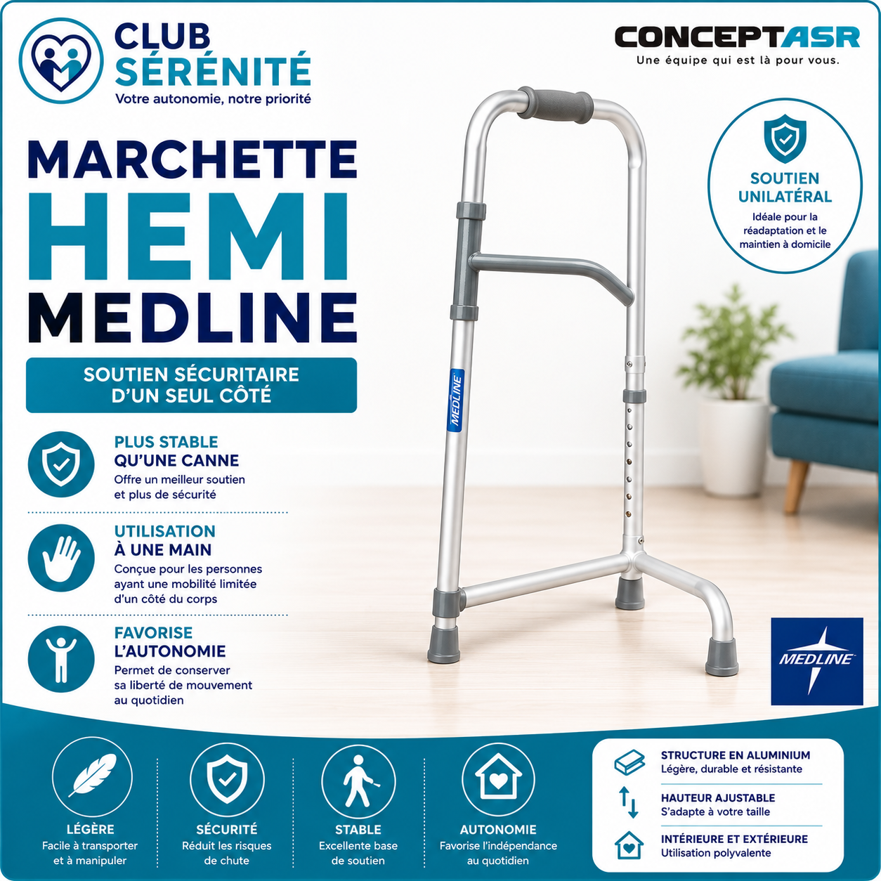 Marchette Hemi Medline | Soutien d'un seul côté