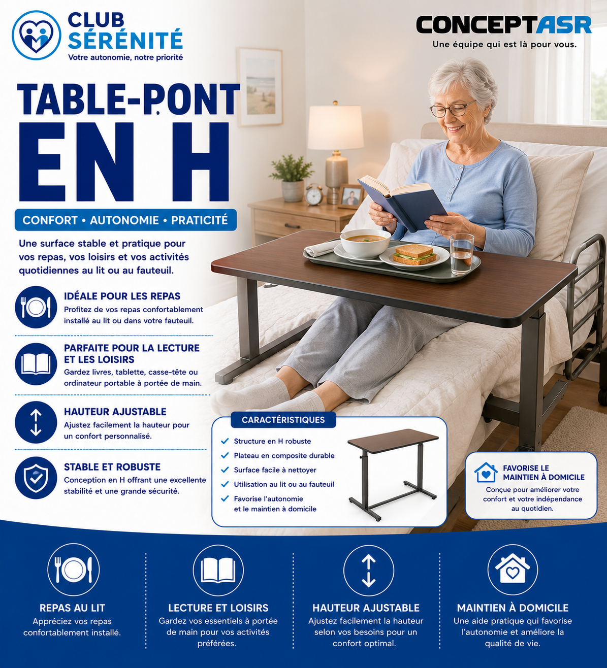 Table-pont en H Medline | Table de lit ajustable | Club Sérénité