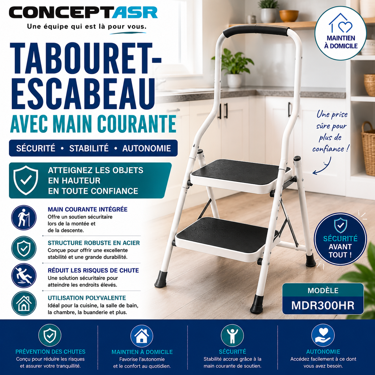 Tabouret escabeau avec main courante Medline | Club Sérénité