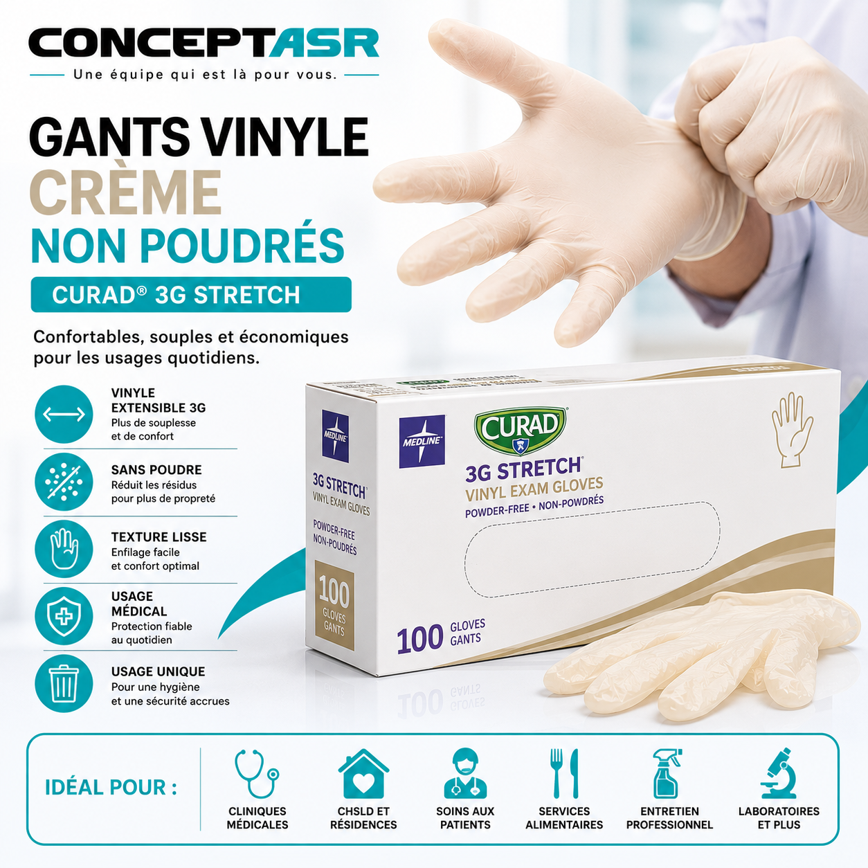 Gants vinyle crème non poudrés CURAD® 3G Stretch