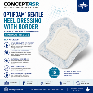 Medline Optifoam Gentle Heel Dressing with Border by ConceptASR for heel wounds, pressure injury prevention and advanced wound care.