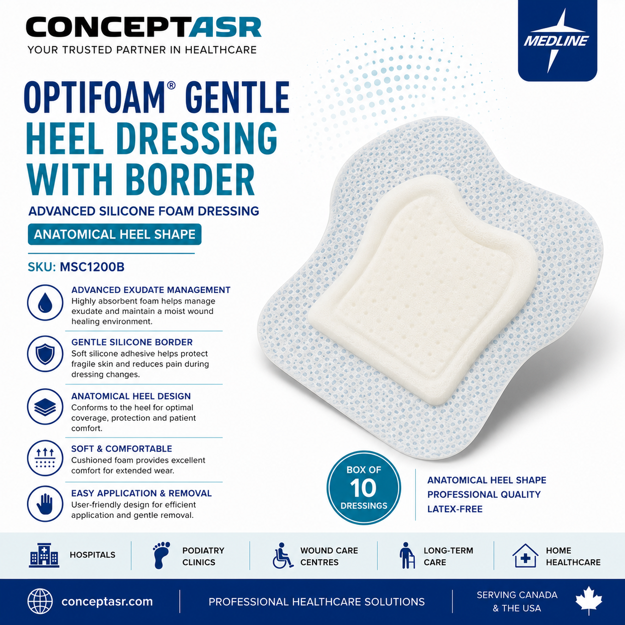 Medline Optifoam Gentle Heel Dressing with Border by ConceptASR for heel wounds, pressure injury prevention and advanced wound care.