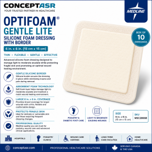 Medline Optifoam Gentle Lite 6 inch by 6 inch silicone foam dressing with border by ConceptASR for larger lightly to moderately exuding wounds.