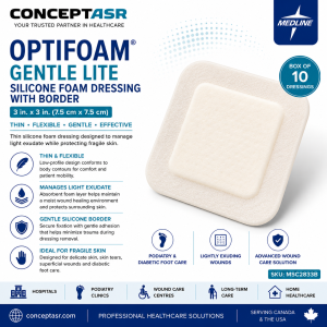 Medline Optifoam Gentle Lite 3 inch by 3 inch silicone foam dressing with border by ConceptASR for podiatry and light wound exudate.