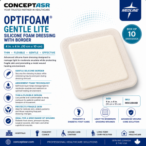 Medline Optifoam Gentle Lite 4 inch by 4 inch silicone foam dressing with border by ConceptASR for podiatry, diabetic foot care and advanced wound management.