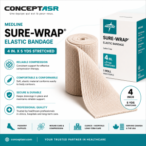 Medline Sure-Wrap 4 inch elastic bandage by ConceptASR for podiatry, wound care, compression therapy and rehabilitation.