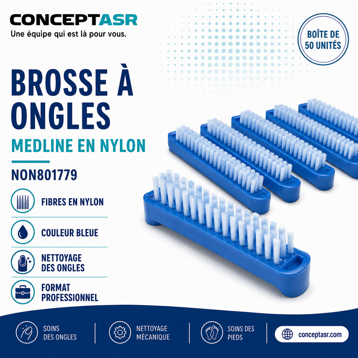 Brosse à ongles Medline en nylon bleu, boîte de 50 unités – NON801779