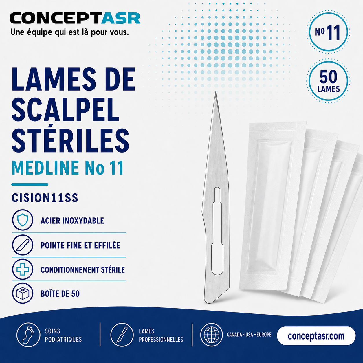 Lames de scalpel stériles Medline no 11 en acier inoxydable CISION11SS