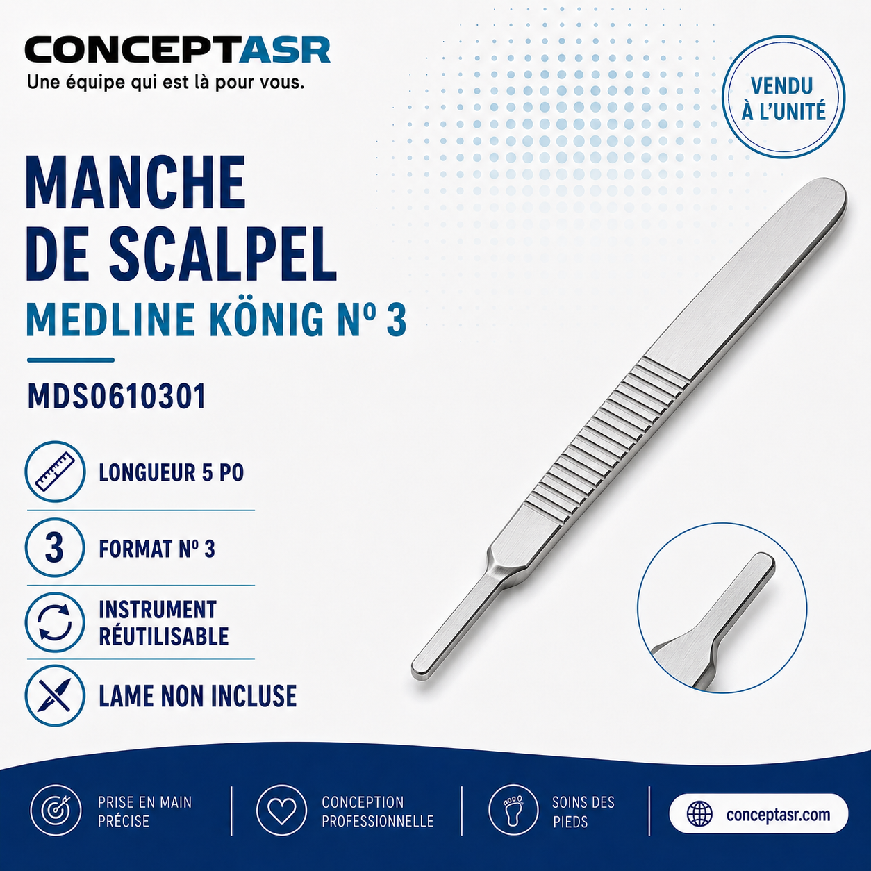Manche de scalpel réutilisable Medline König nº 3 en acier inoxydable, longueur de 5 po, vendu sans lame