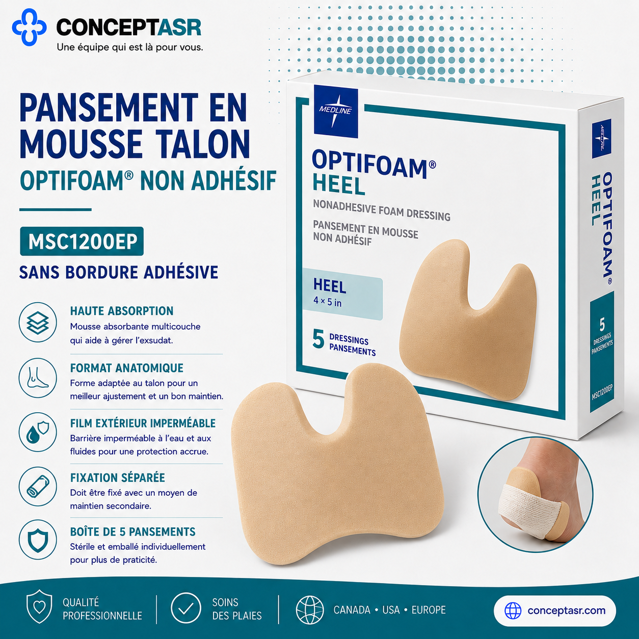 Pansement Optifoam non adhésif pour talon Medline MSC1200EP 4 × 5 po, boîte de 5