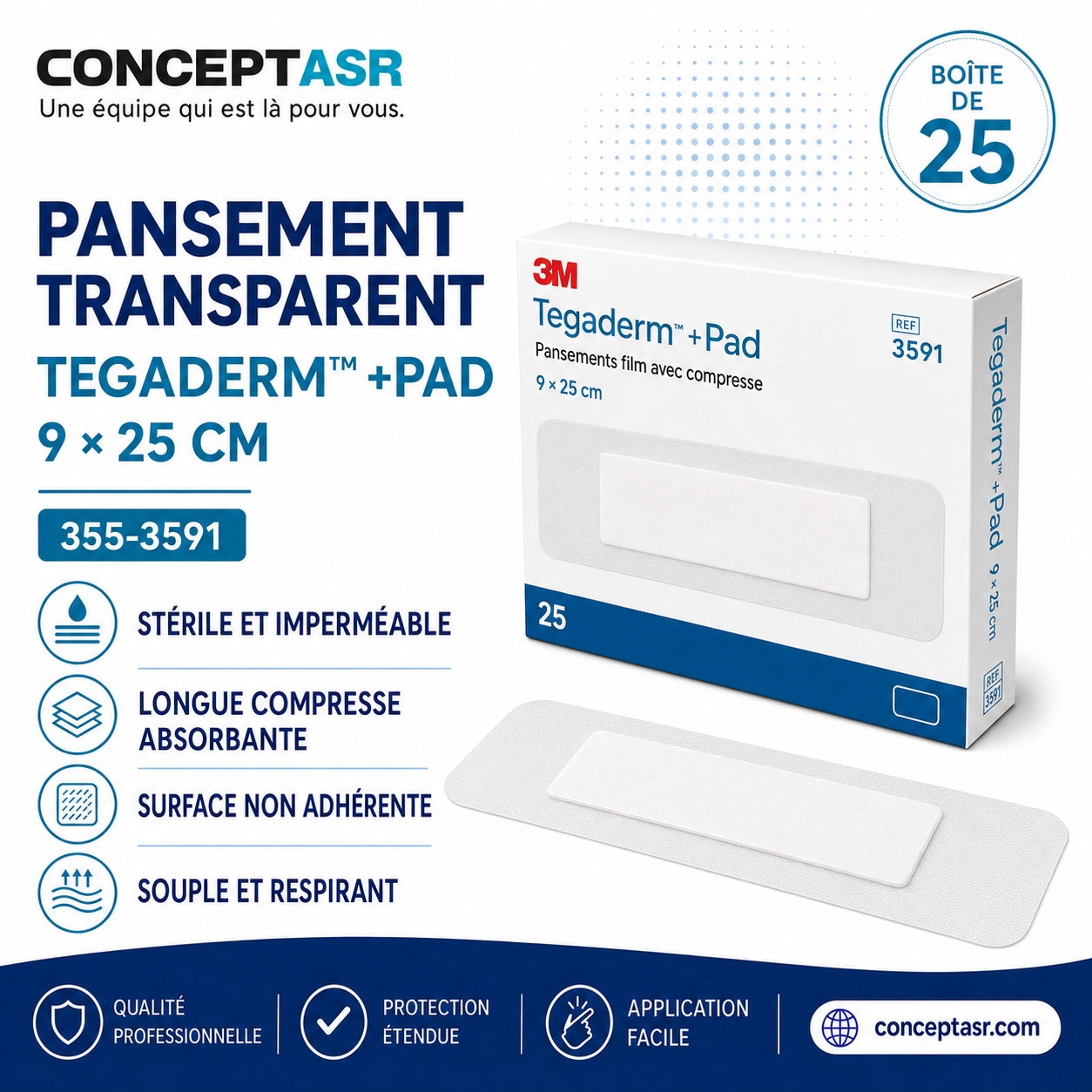 Pansement transparent 3M Tegaderm +Pad 9 × 25 cm 355-3591