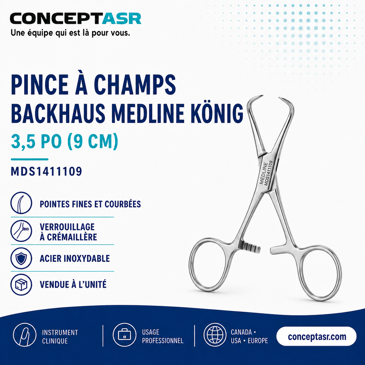 Pince à champs Backhaus Medline König MDS1411109 en acier inoxydable de 3,5 po