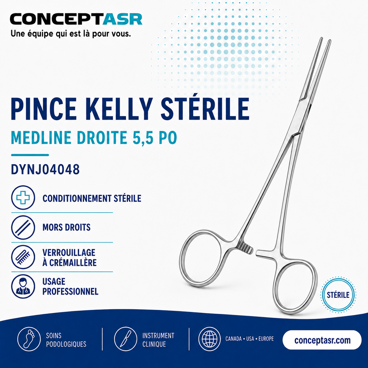 Pince Kelly stérile droite Medline 5,5 po DYNJ04048 pour soins podologiques