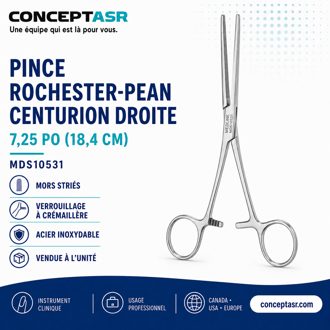 Pince Rochester-Pean Centurion droite MDS10531 en acier inoxydable de 7,25 po