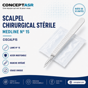 Scalpel chirurgical stérile Medline nº 15 avec lame compacte et arrondie en acier inoxydable, boîte de 10 unités