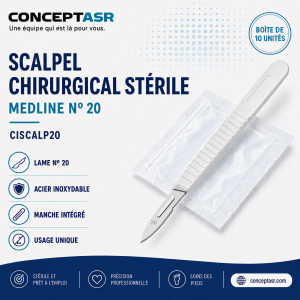 Scalpel chirurgical stérile Medline nº 20 avec grande lame arrondie en acier inoxydable, boîte de 10 unités