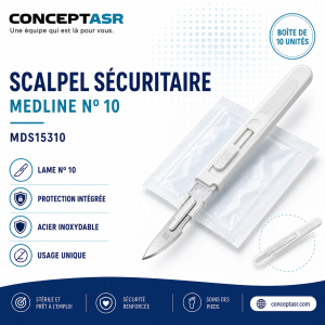 Scalpel sécuritaire stérile Medline nº 10 avec lame en acier inoxydable et mécanisme de protection intégré, boîte de 10 unités