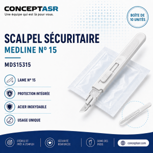 Scalpel sécuritaire stérile Medline nº 15 avec lame arrondie en acier inoxydable et protection intégrée, boîte de 10 unités