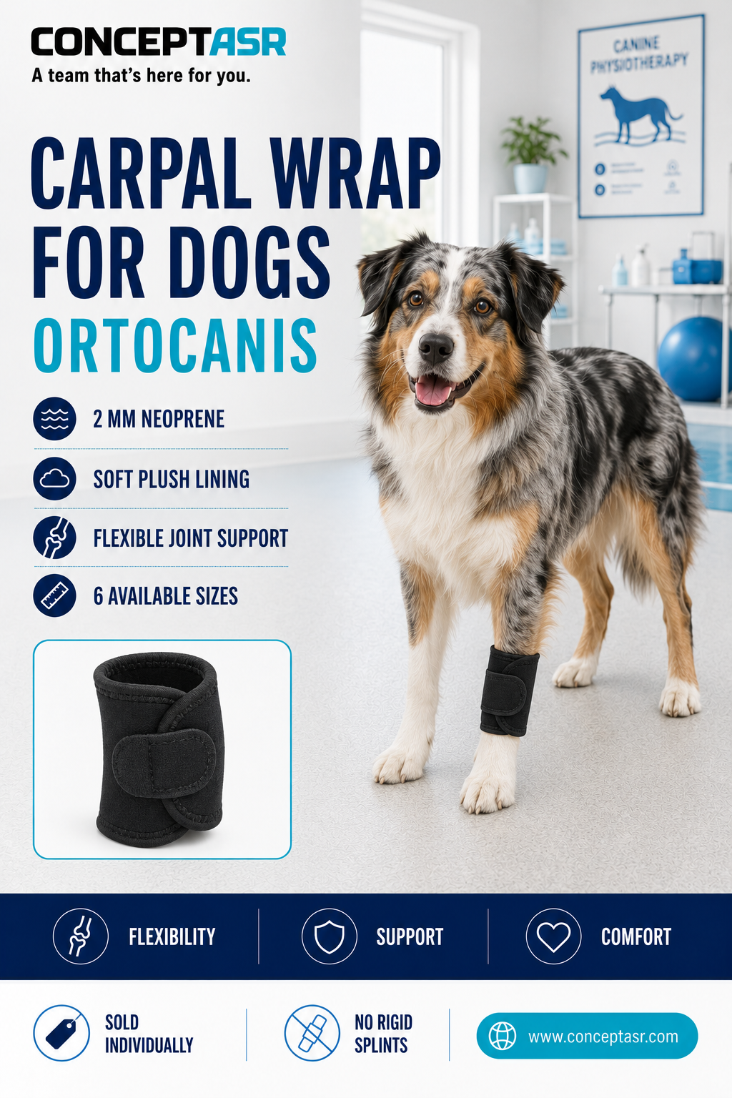 Carpal Wrap for Dogs by Ortocanis providing flexible neoprene support around one front wrist