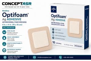 Medline Optifoam Ag Adhesive 4 x 4 antimicrobial silver foam dressing, box of 10, SKU MSC9604EP