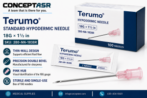 Terumo standard hypodermic needle, 18G × 1½ in, with thin-wall design and pink hub, sterile, box of 100, SKU 280-NN-1838R.