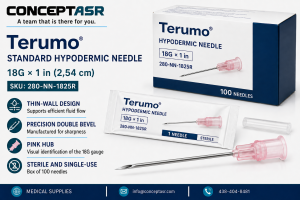 Terumo standard hypodermic needle, 18G × 1 in, with thin-wall design and pink hub, sterile, box of 100, SKU 280-NN-1825R.