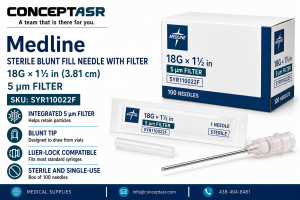Medline sterile blunt fill needle, 18G × 1½ in, with integrated 5 µm filter, Luer-lock compatible, box of 100, SKU SYR110022F.