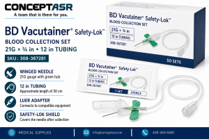 BD Vacutainer Safety-Lok blood collection set with 21G × ¾ in winged needle, 12 in tubing, Luer adapter and safety shield, box of 50, SKU 308-367281.