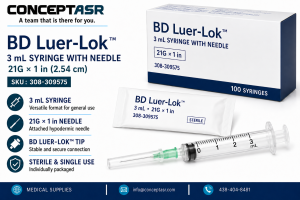 BD Luer-Lok 3 mL syringe with attached 21G × 1 in hypodermic needle, sterile and single use, box of 100, SKU 308-309575.