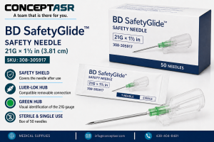BD SafetyGlide 21G × 1½ in safety needle with green Luer-Lok hub and protective shielding mechanism, sterile, box of 50, SKU 308-305917