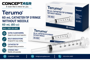 Terumo 60 mL catheter-tip syringe without needle with ultra-clear barrel and bold graduations, box of 25