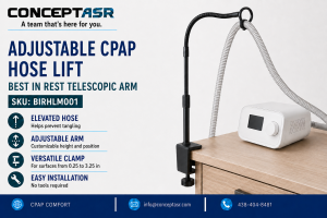 Best in Rest adjustable CPAP hose lift with telescopic arm and clamp attached to a nightstand