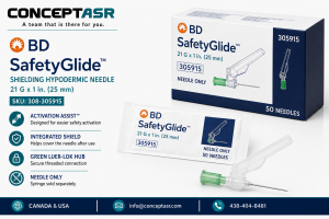 BD SafetyGlide safety hypodermic needle 21 G x 1 in. with green Luer-Lok hub, box of 50