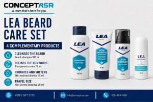 LEA beard care set with shampoo, transparent shaving cream, moisturizing lotion and mini Dermo Sensitive roll-on.