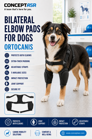 Dog wearing Ortocanis bilateral elbow pads