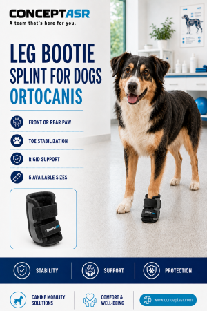 Dog wearing an Ortocanis leg bootie splint on a front paw