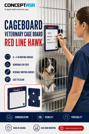 CageBoard veterinary cage information board mounted on an animal hospital cage door