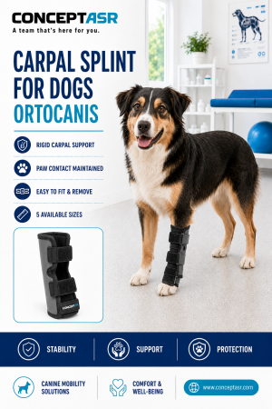 Dog wearing an Ortocanis carpal splint on a front leg