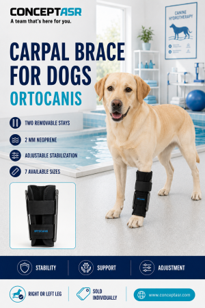 Carpal Brace for Dogs by Ortocanis with two removable rigid stays around one front wrist