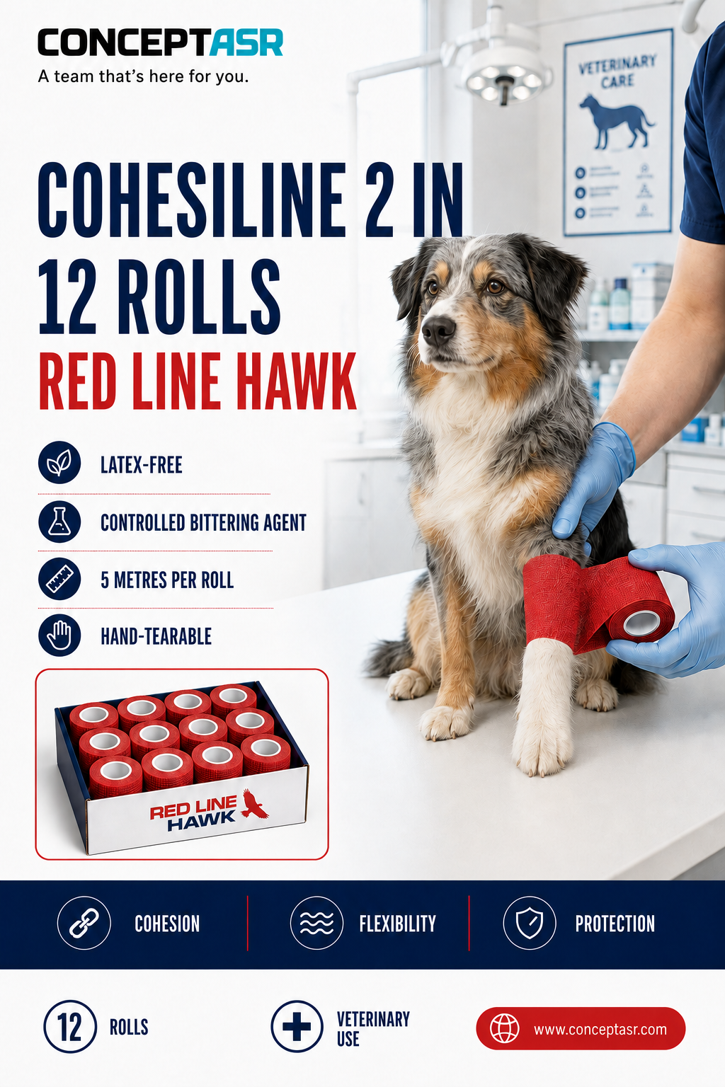 CohesiLine 2-inch cohesive veterinary bandage box of 12 rolls by Red Line Hawk