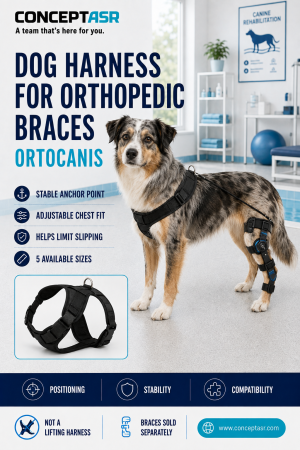 Dog Harness for Orthopedic Braces by Ortocanis connected to a compatible rear knee brace