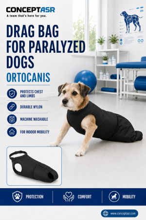 Dog wearing an Ortocanis drag bag for paralyzed dogs
