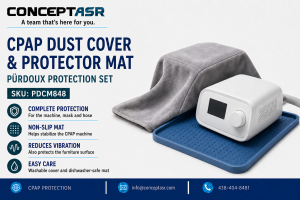 PÜRDOUX CPAP dust cover and protector mat set with gray washable cover and blue non-slip silicone mat
