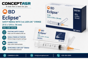 BD Eclipse safety needle 25 G x 5/8 in. with detachable 3 mL Luer-Lok syringe, box of 50