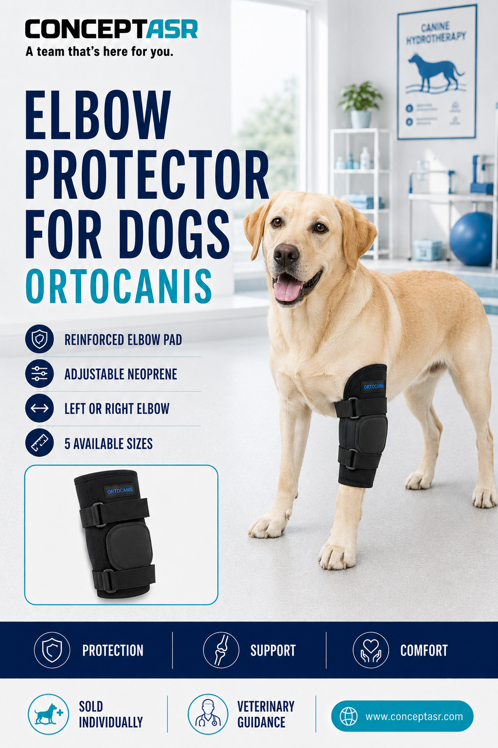 Elbow Protector for Dogs by Ortocanis with reinforced neoprene padding on one front elbow