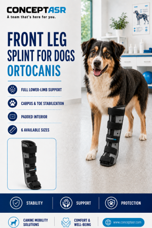 Dog wearing an Ortocanis front leg splint