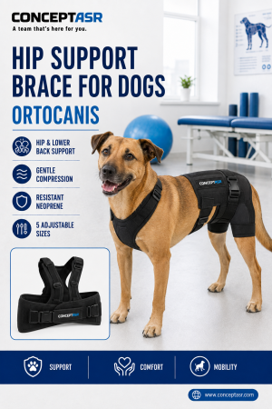 Dog wearing an Ortocanis hip support brace