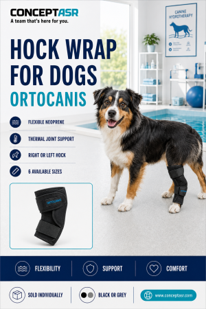 Hock Wrap for Dogs by Ortocanis providing flexible neoprene support for a rear hock joint